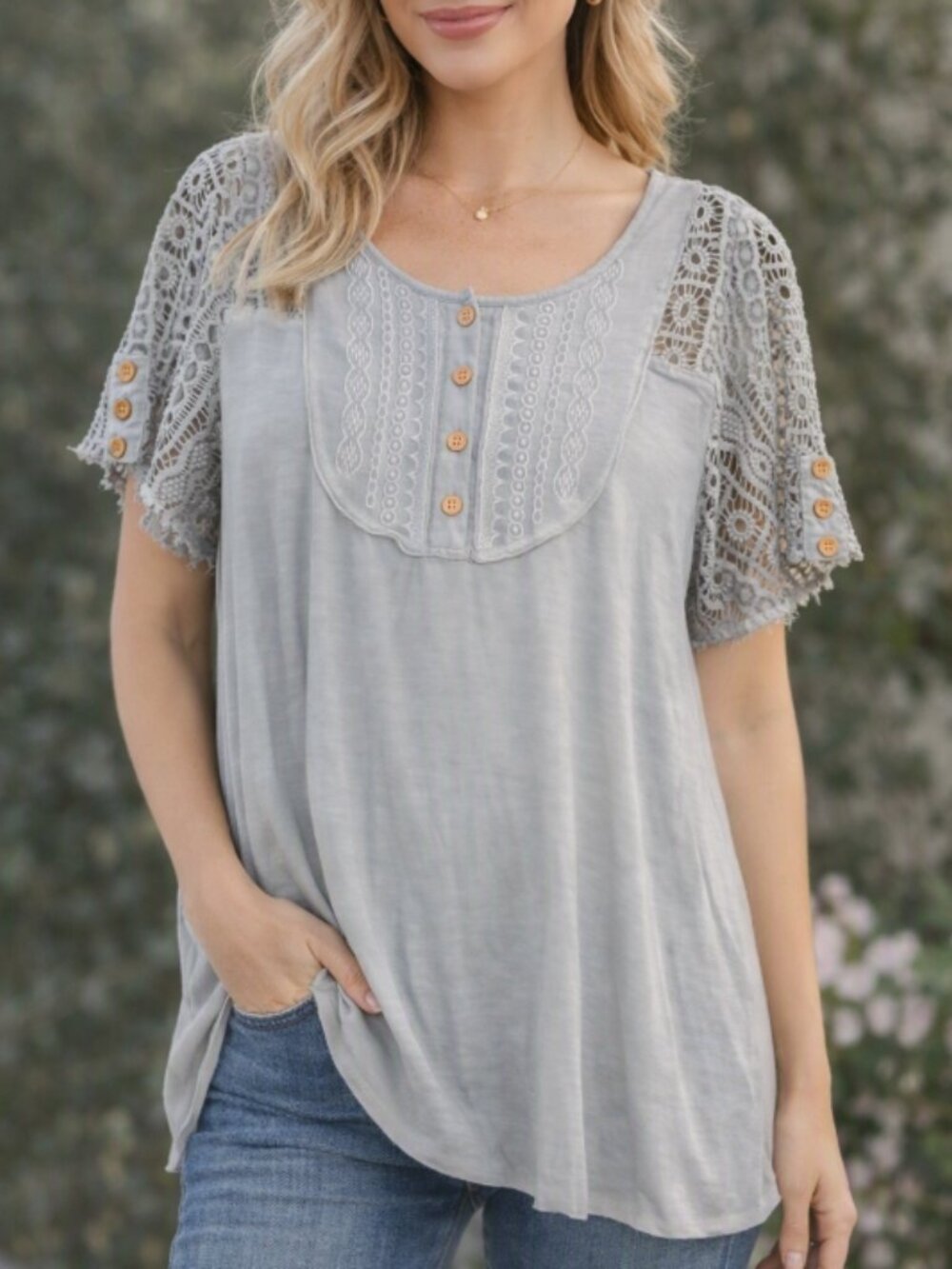 POL Gray Lace Button Blouse Top Shirt S BohoโฏChicโฏFestivalโฏNeutral Romantic
